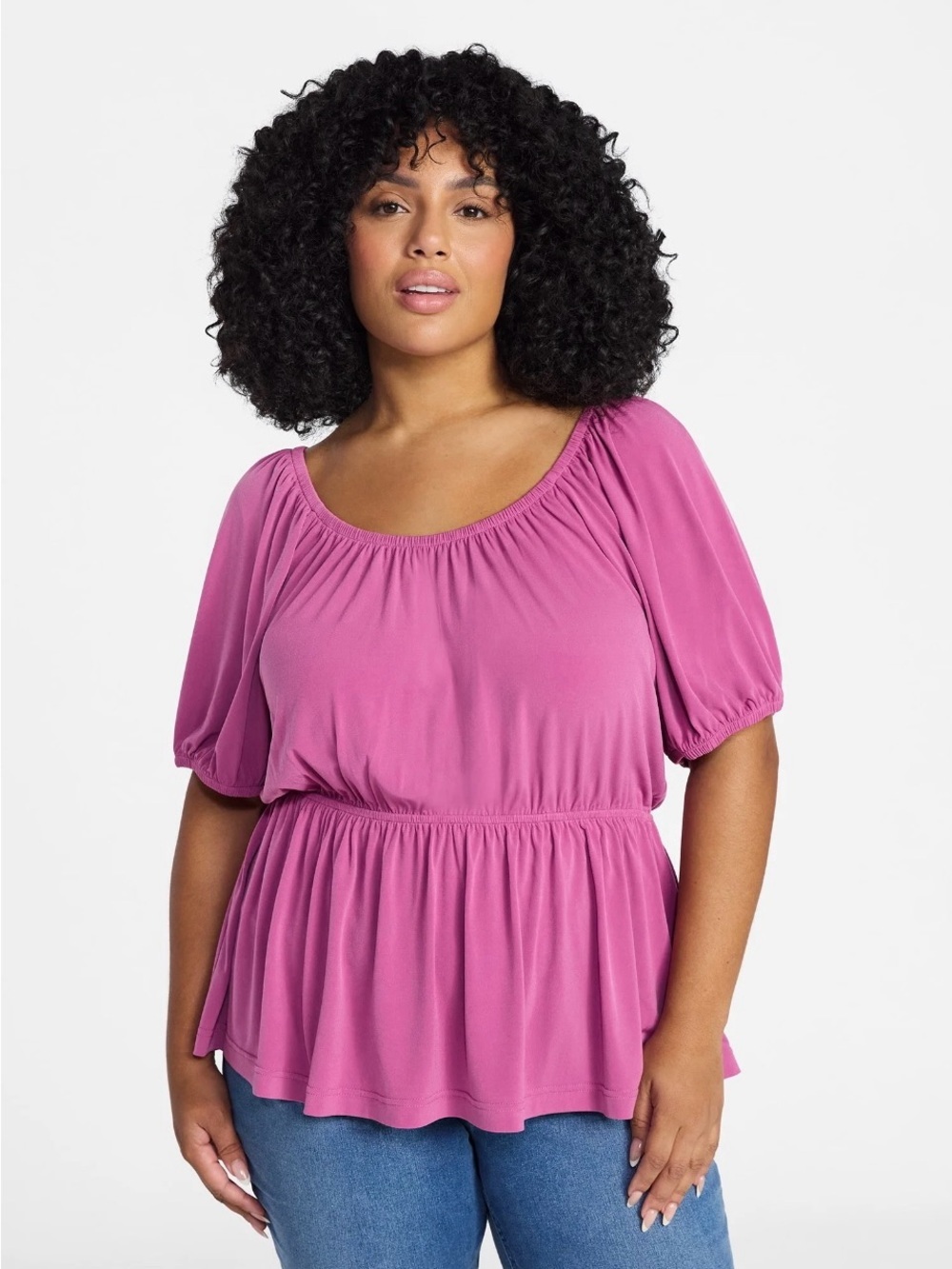 Terra & Sky Mauve Pink Peplum Scoop-Neck Top With Puff Sleeves